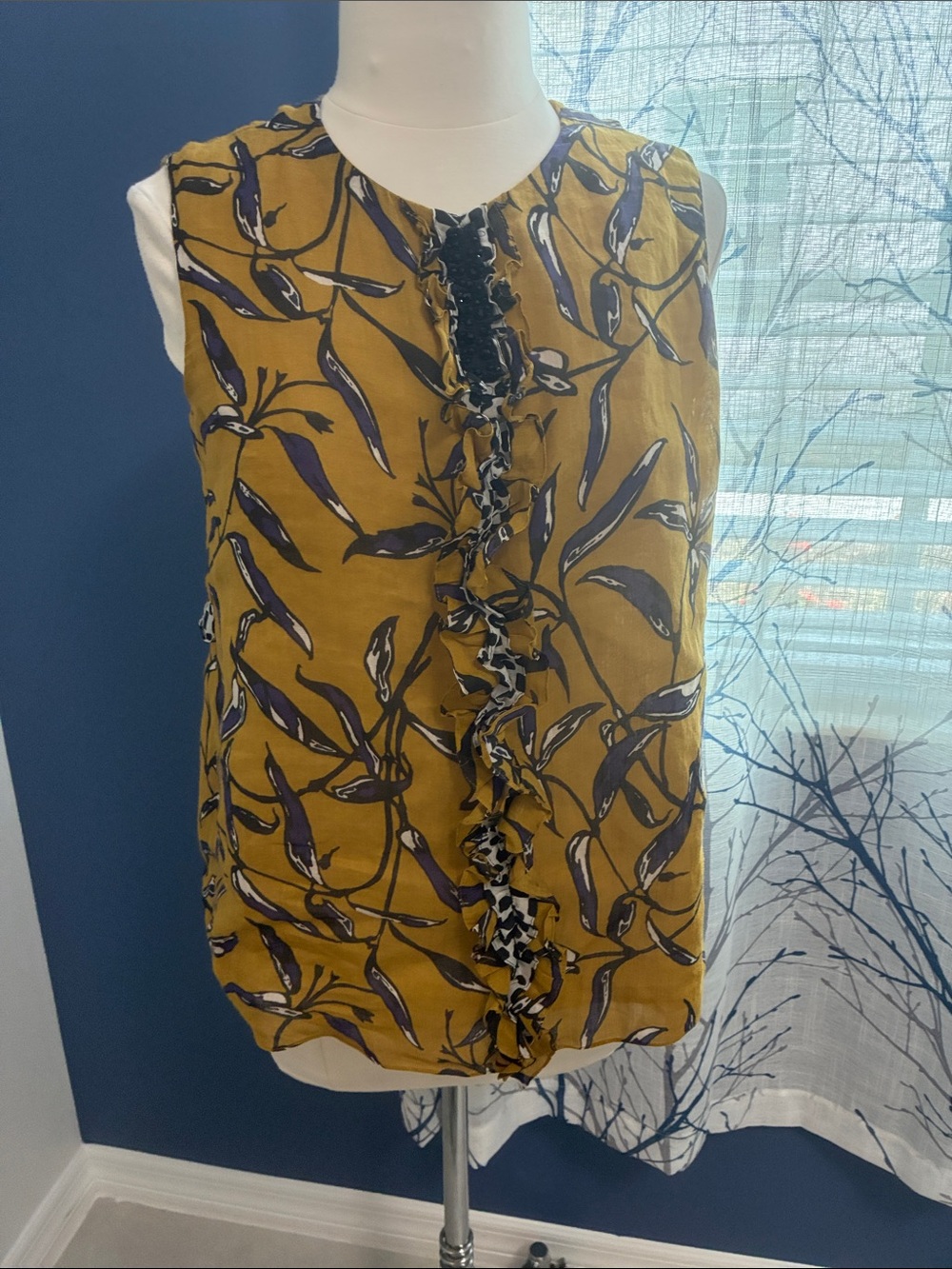 MaxMara Mustard Yellow Sleeveless Ruffle Front Top with Navy Leaf Print